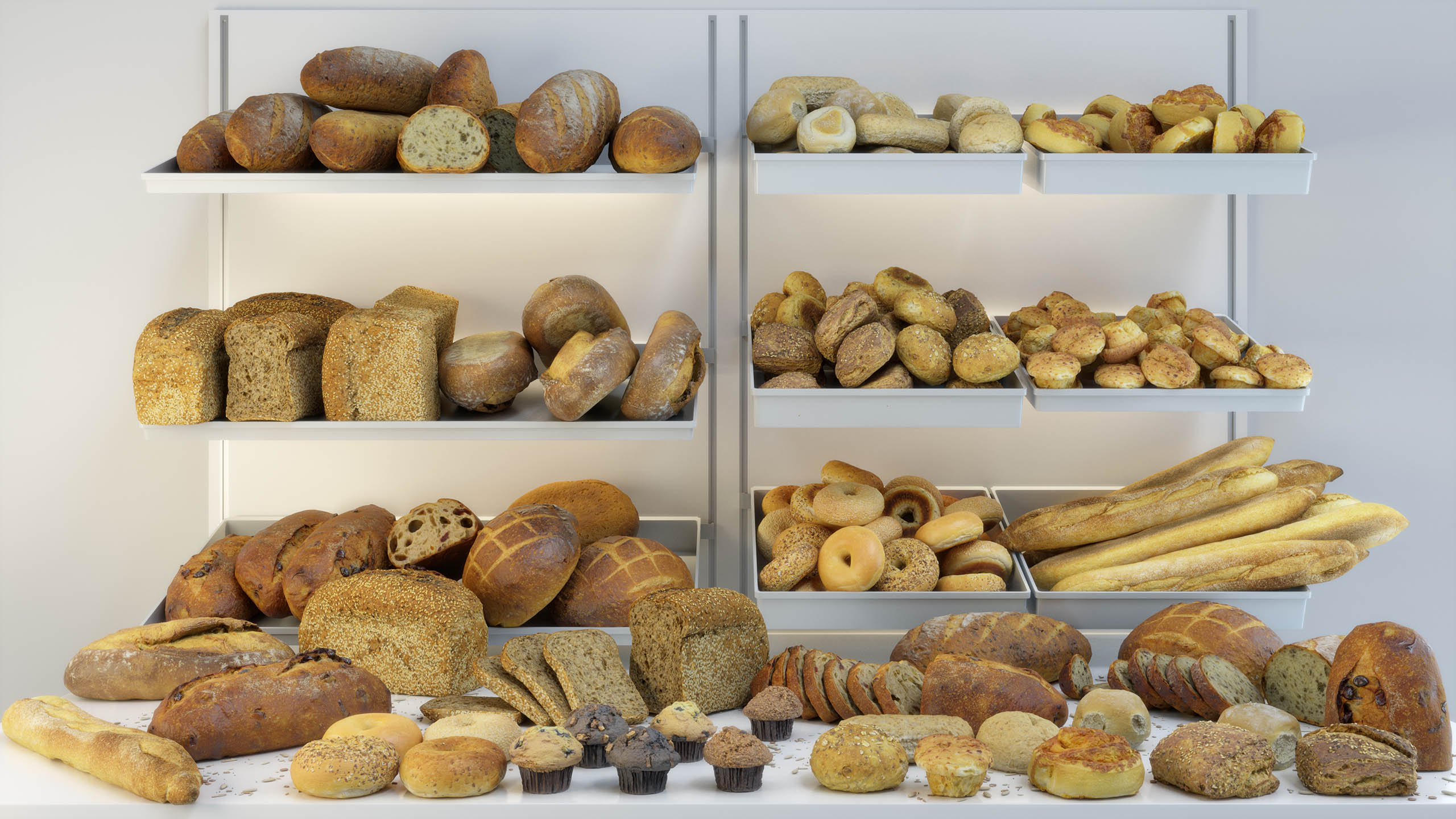 Photoscanned 3D model set of bakery items including buns, bagels, breads, and baguettes by Scanlabz for food visualization in V-Ray and 3ds Max