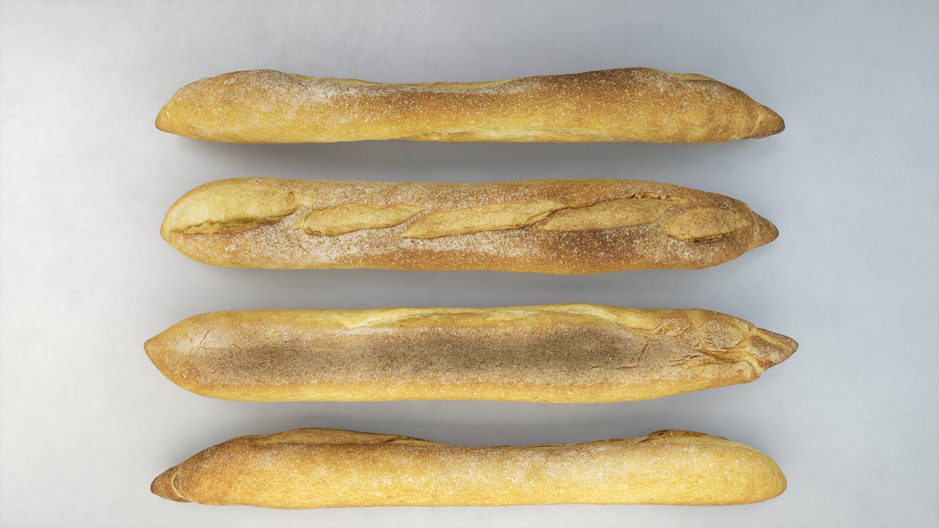 Detailed 3D model of a fresh baguette from Scanlabz bakery collection, perfect for photorealistic food rendering and 3D visualization