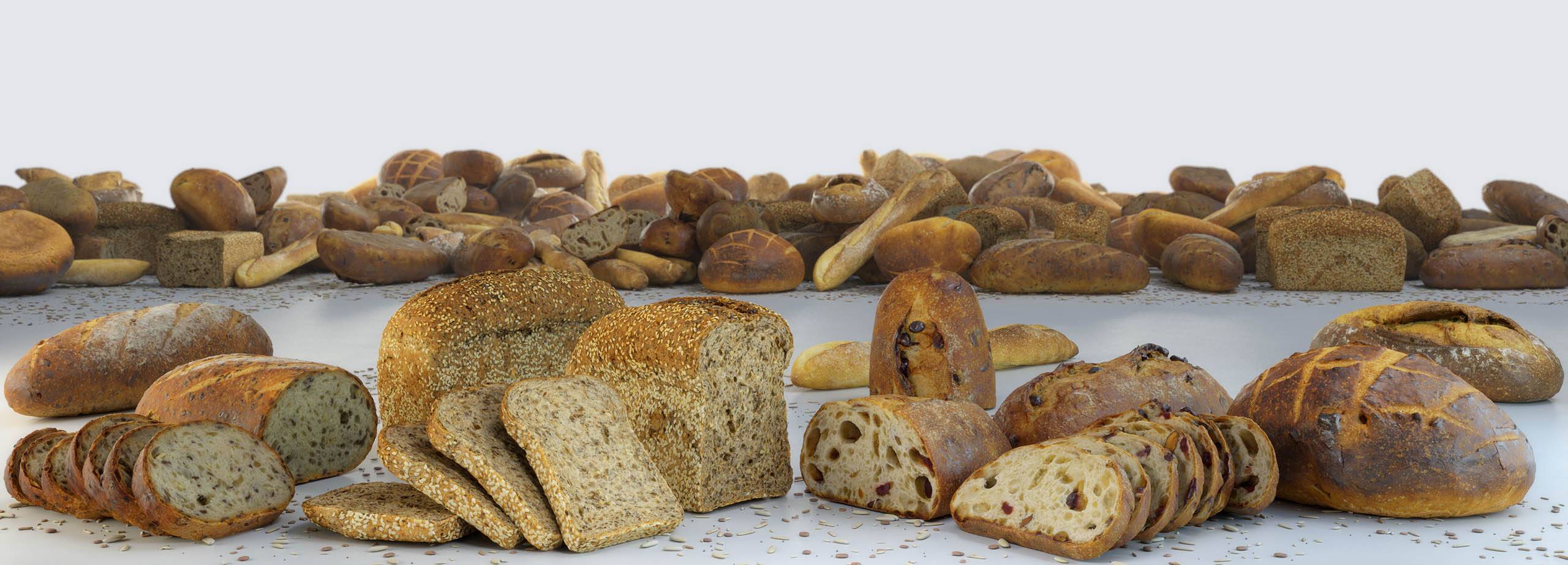 Assortment of realistic 3D scanned breads included in the Scanlabz bakery collection for digital art and visualization