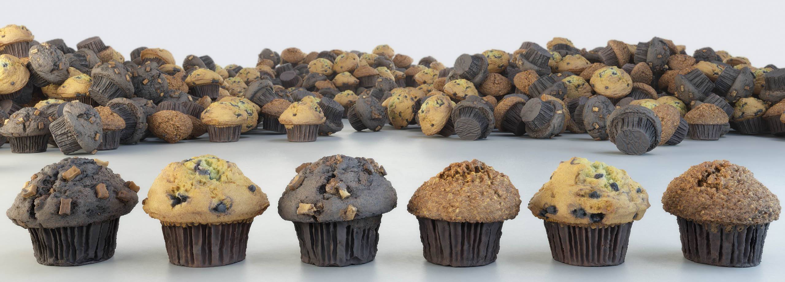 Assortment of realistic 3D scanned muffins from the Scanlabz bakery collection for digital design and visualization