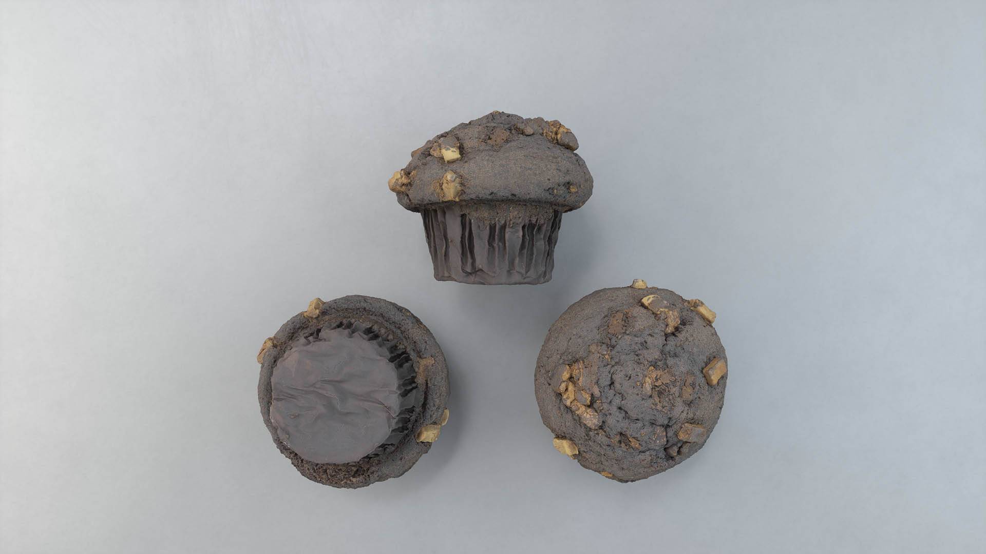 3D chocolate chip muffin asset from Scanlabz bakery collection, showcasing rich chocolate chunks and baked texture for digital visualization